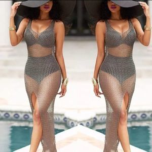 summer beach dress women mesh crochet sleeveless bikini cover up transparent bea